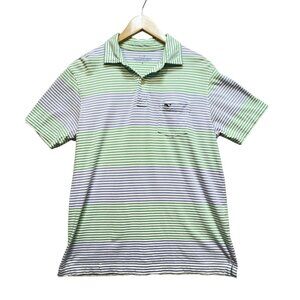Vineyard Vine Polo Shirt Men Small Short Sleeve Green Blue Striped Cotton Casual
